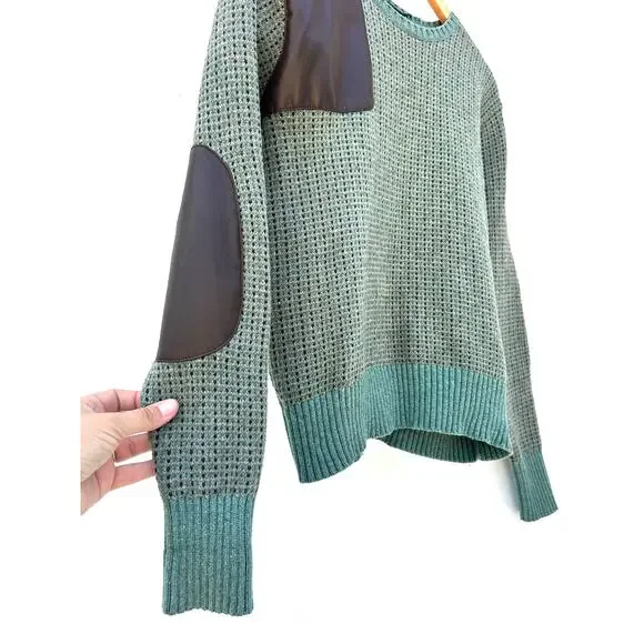 Ralph Lauren Wool Knit Sweater Faux Leather Green Brown Jumper Small Equestrian - Picture 7 of 8